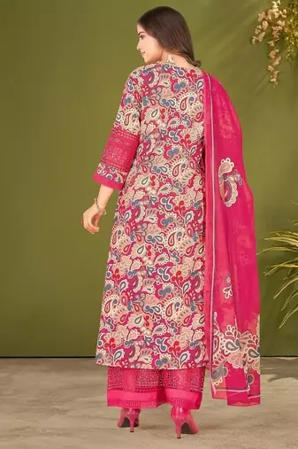 Pink cotton printed hand embroidery kurta set with dupatta