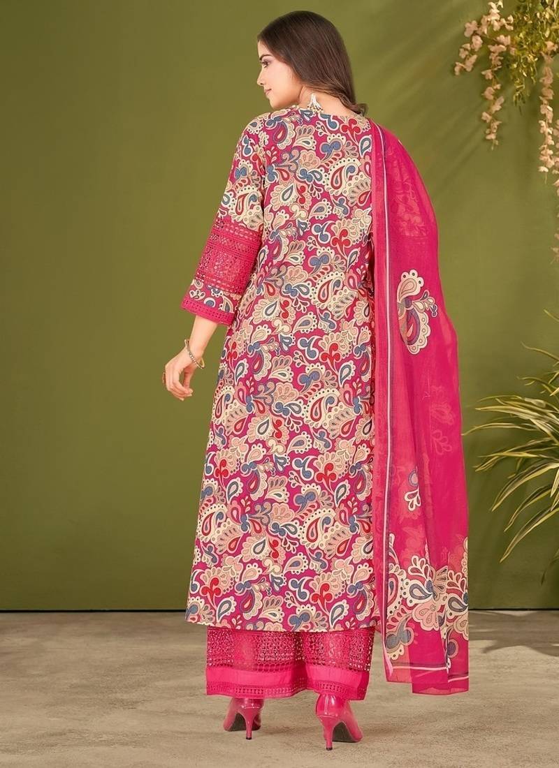 Pink cotton printed hand embroidery kurta set with dupatta