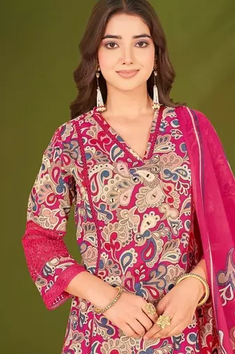Pink cotton printed hand embroidery kurta set with dupatta