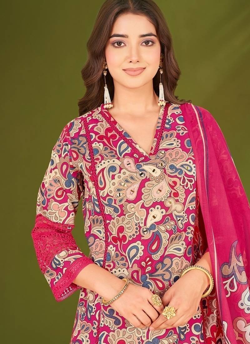 Pink cotton printed hand embroidery kurta set with dupatta