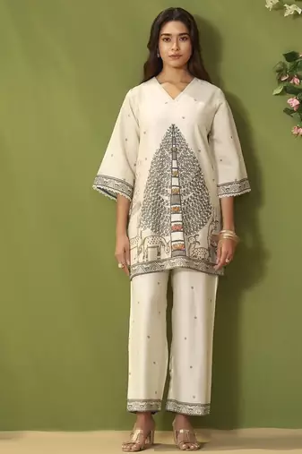 White cotton printed hand embroidery kurta set for women