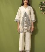 White cotton printed hand embroidery kurta set for women