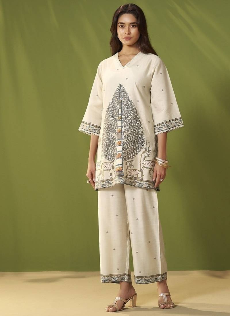 White cotton printed hand embroidery kurta set for women