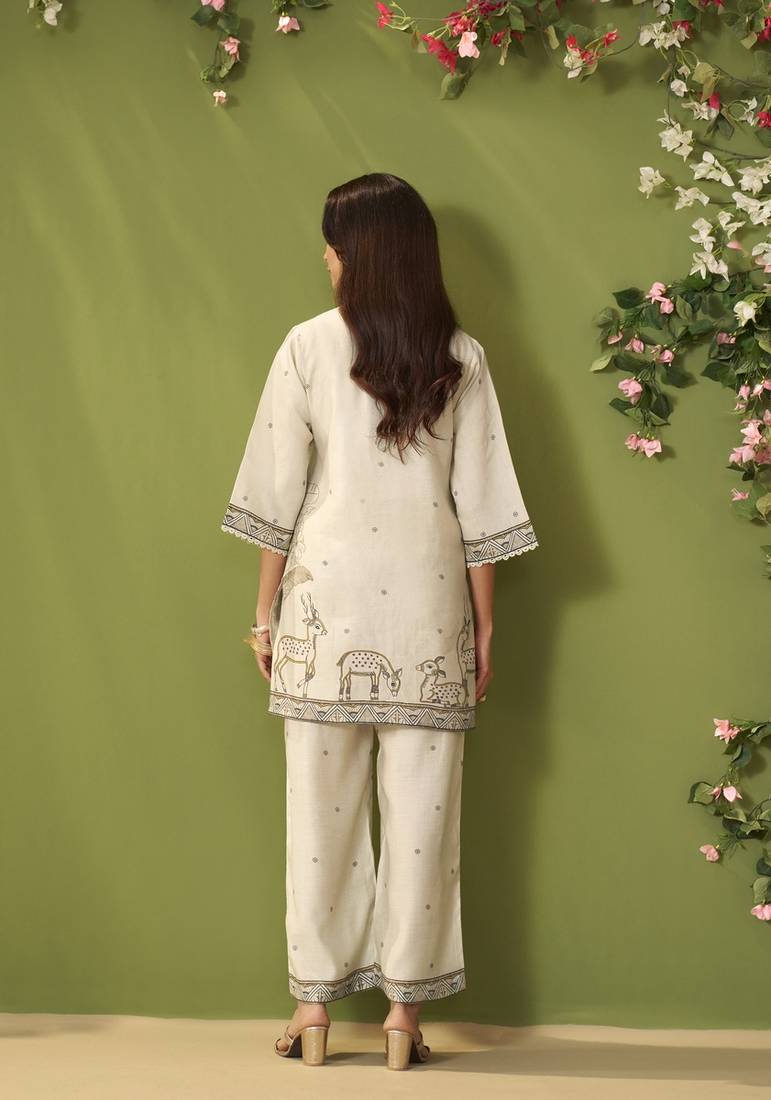 White cotton printed hand embroidery kurta set for women