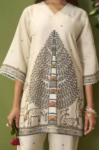 White cotton printed hand embroidery kurta set for women
