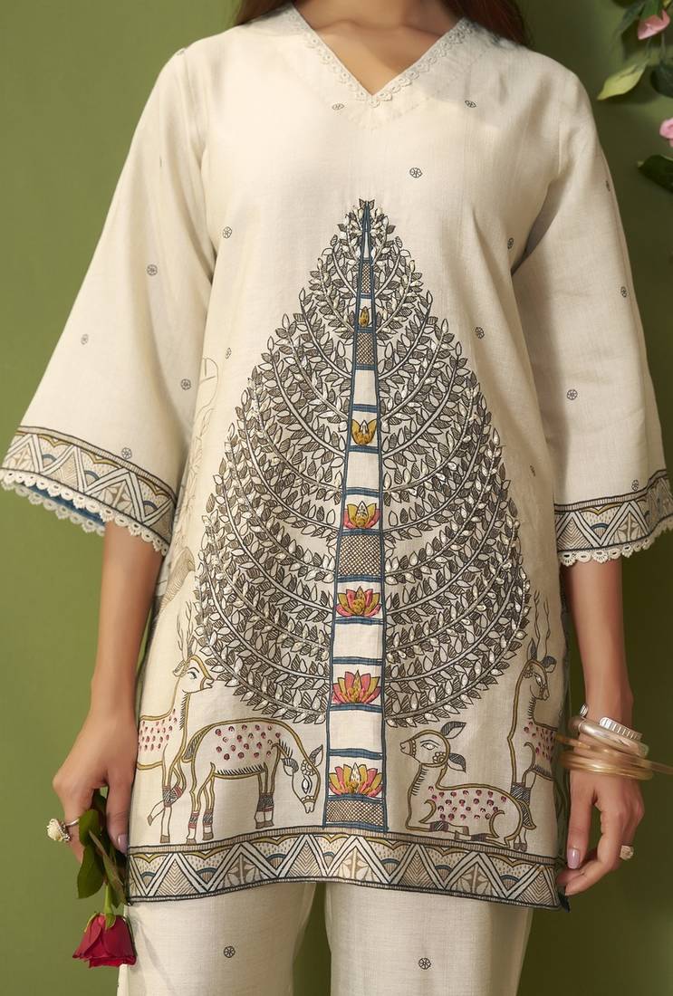 White cotton printed hand embroidery kurta set for women