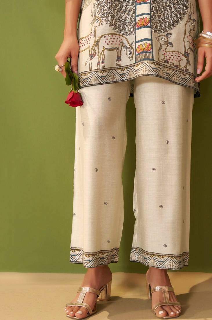 White cotton printed hand embroidery kurta set for women