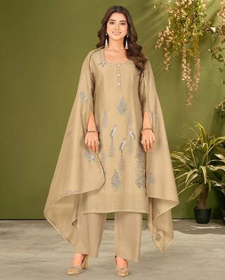 Khaki chanderi silk printed hand embroidery kurta set with dupatta 1