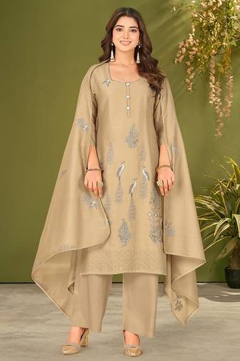 Khaki chanderi silk printed hand embroidery kurta set with dupatta