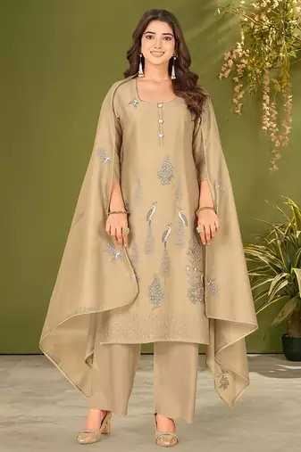 Khaki chanderi silk printed hand embroidery kurta set with dupatta