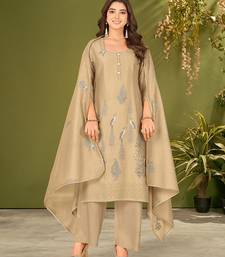 Khaki chanderi silk printed hand embroidery kurta set with dupatta