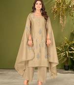 Khaki chanderi silk printed hand embroidery kurta set with dupatta