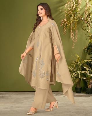 Khaki chanderi silk printed hand embroidery kurta set with dupatta 2
