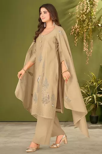Khaki chanderi silk printed hand embroidery kurta set with dupatta