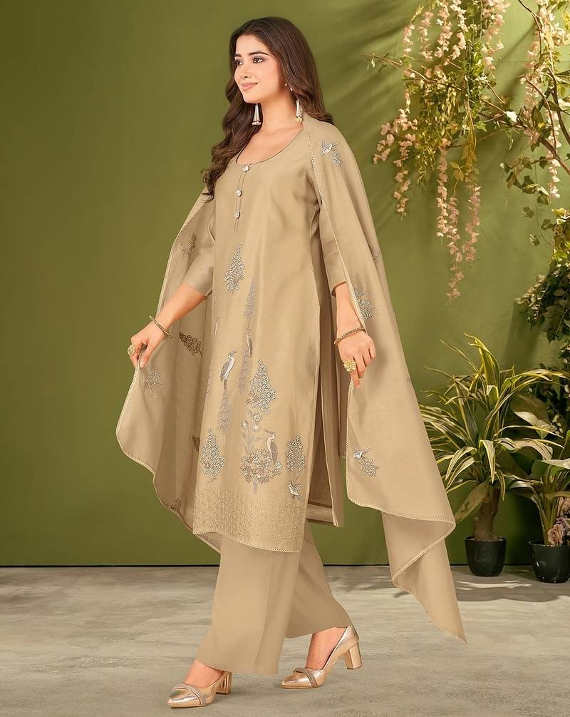 Khaki chanderi silk printed hand embroidery kurta set with dupatta