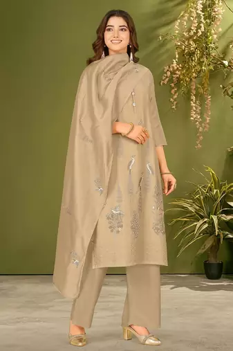 Khaki chanderi silk printed hand embroidery kurta set with dupatta