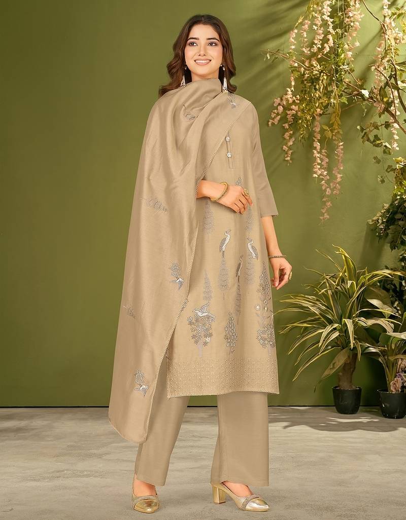 Khaki chanderi silk printed hand embroidery kurta set with dupatta