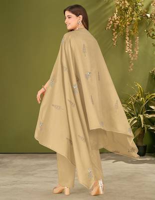 Khaki chanderi silk printed hand embroidery kurta set with dupatta 4