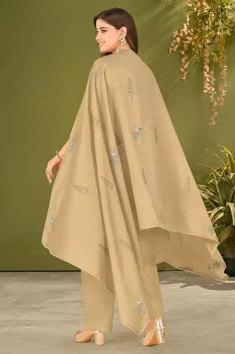 Khaki chanderi silk printed hand embroidery kurta set with dupatta