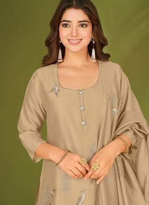 Khaki chanderi silk printed hand embroidery kurta set with dupatta 5
