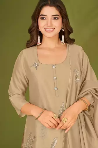 Khaki chanderi silk printed hand embroidery kurta set with dupatta