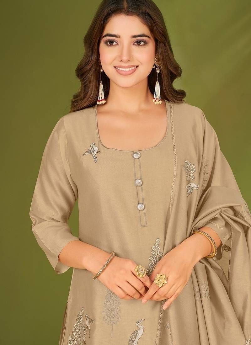 Khaki chanderi silk printed hand embroidery kurta set with dupatta
