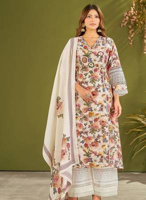 White silk blend printed hand embroidery kurta set with dupatta 1