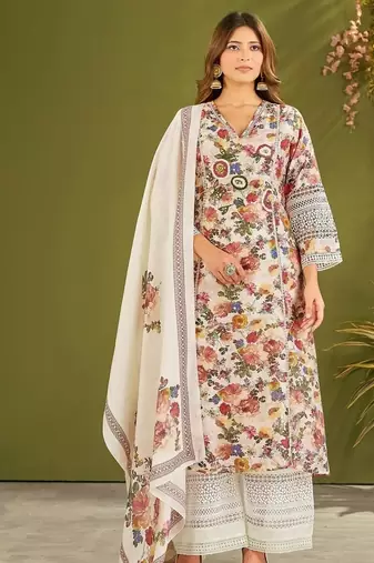 White silk blend printed hand embroidery kurta set with dupatta
