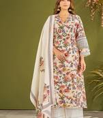 White silk blend printed hand embroidery kurta set with dupatta