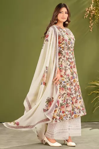 White silk blend printed hand embroidery kurta set with dupatta