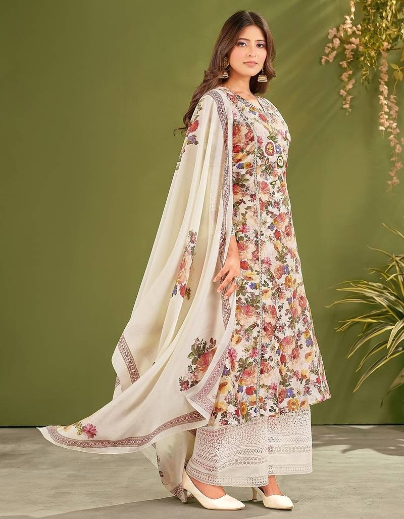 White silk blend printed hand embroidery kurta set with dupatta