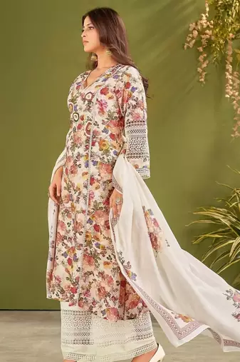 White silk blend printed hand embroidery kurta set with dupatta