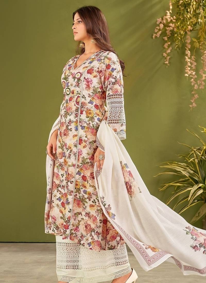 White silk blend printed hand embroidery kurta set with dupatta