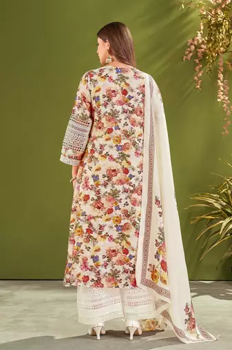 White silk blend printed hand embroidery kurta set with dupatta