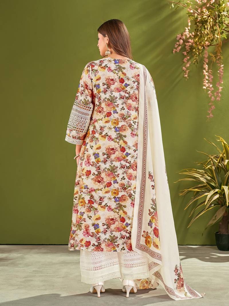 White silk blend printed hand embroidery kurta set with dupatta