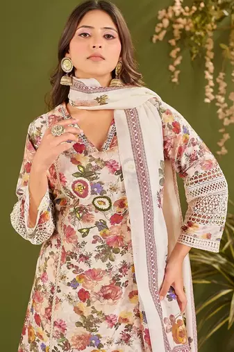 White silk blend printed hand embroidery kurta set with dupatta