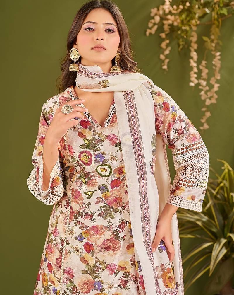 White silk blend printed hand embroidery kurta set with dupatta