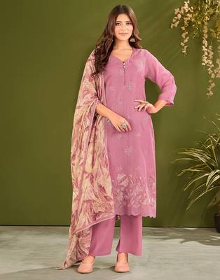 Purple cotton printed hand embroidery kurta set with dupatta 1
