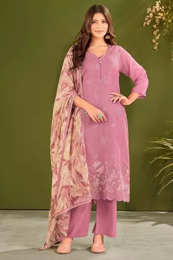 Purple cotton printed hand embroidery kurta set with dupatta