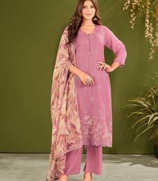 Purple cotton printed hand embroidery kurta set with dupatta