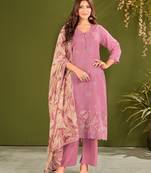 Purple cotton printed hand embroidery kurta set with dupatta
