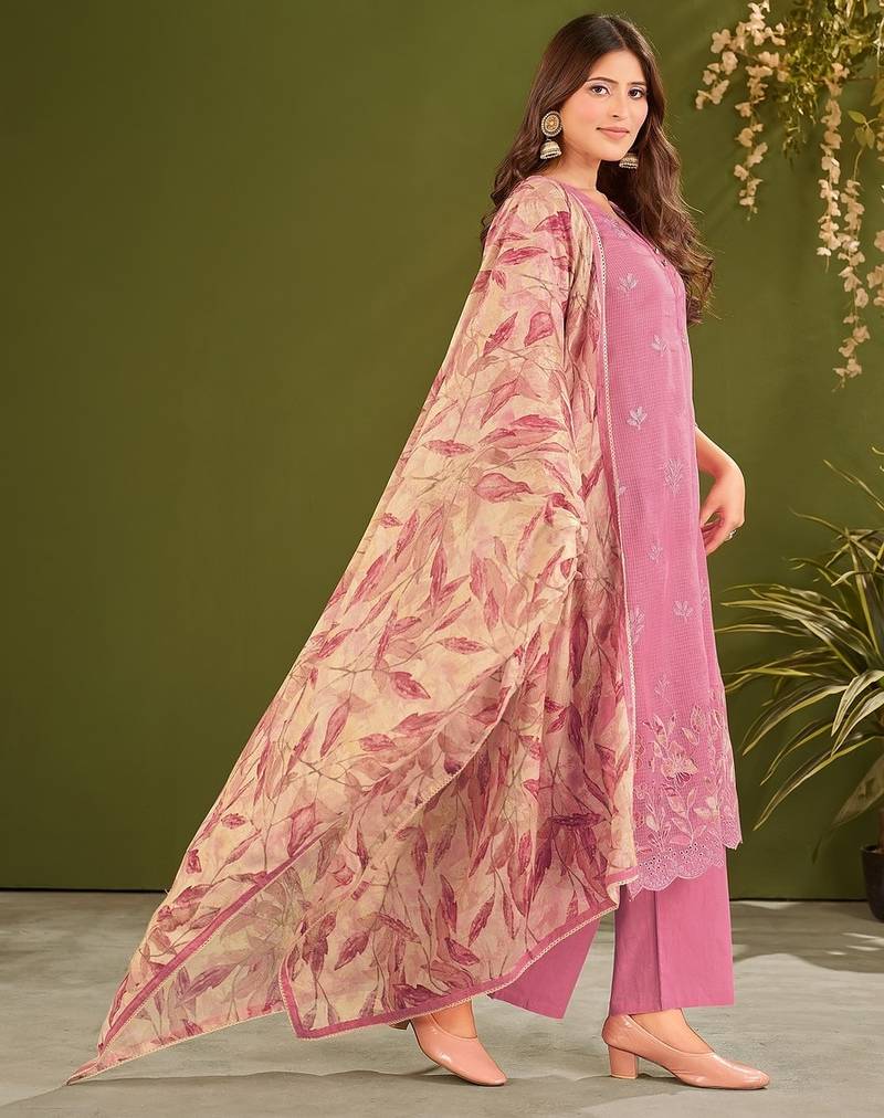 Purple cotton printed hand embroidery kurta set with dupatta