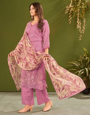 Purple cotton printed hand embroidery kurta set with dupatta 3