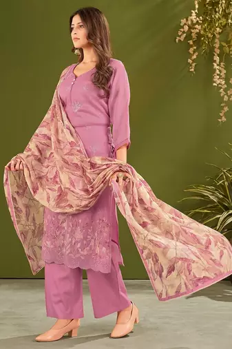 Purple cotton printed hand embroidery kurta set with dupatta