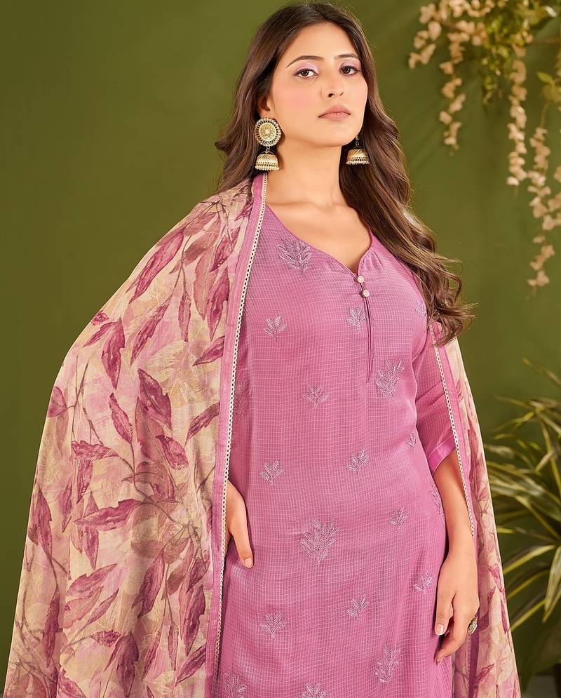 Purple cotton printed hand embroidery kurta set with dupatta