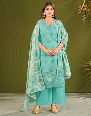 Sea green cotton printed hand embroidery kurta set with dupatta 1