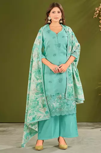 Sea green cotton printed hand embroidery kurta set with dupatta