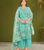 Sea green cotton printed hand embroidery kurta set with dupatta