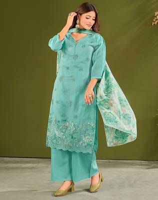 Sea green cotton printed hand embroidery kurta set with dupatta 2