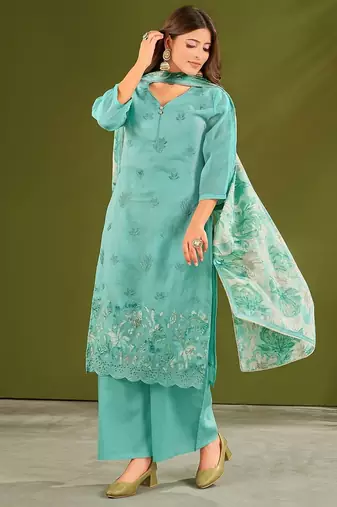 Sea green cotton printed hand embroidery kurta set with dupatta